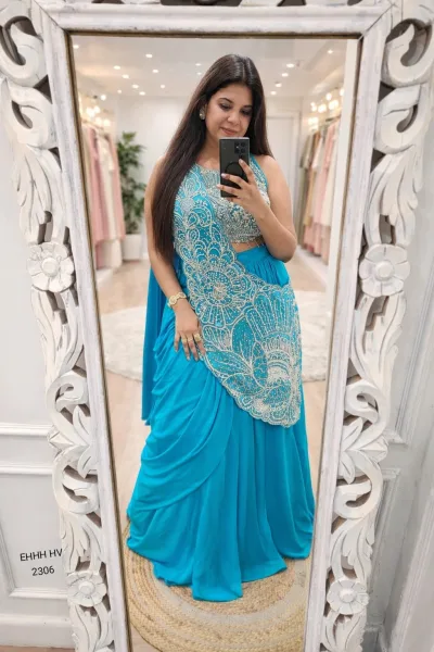 Bebo Blue Leafy Drape Pre-draped Indo-Western Rangoli Silk Lehenga Set